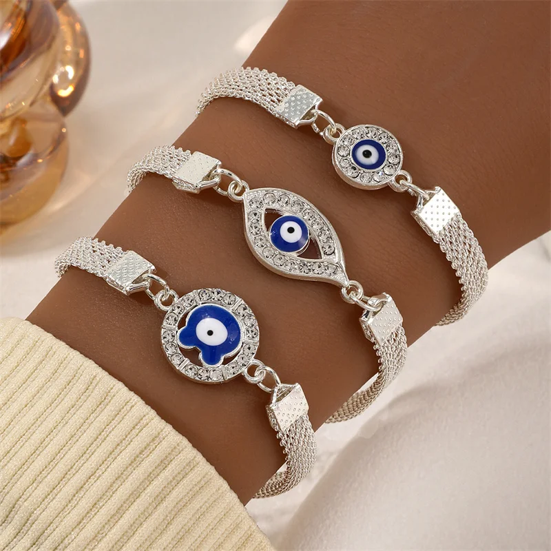 Retro Evil Eye Rhinestone Silver Color Bracelet for Women Men Lucky Jewelry Link Chain Party Office Wrist Accessories