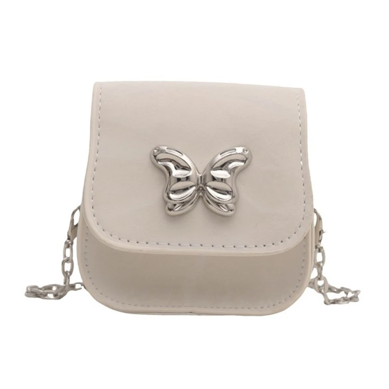 Small Crossbody Bag With Metal Butterfly Decoration Chain Strap PU Leather Shoulder Purse Teen Fashion Accessory