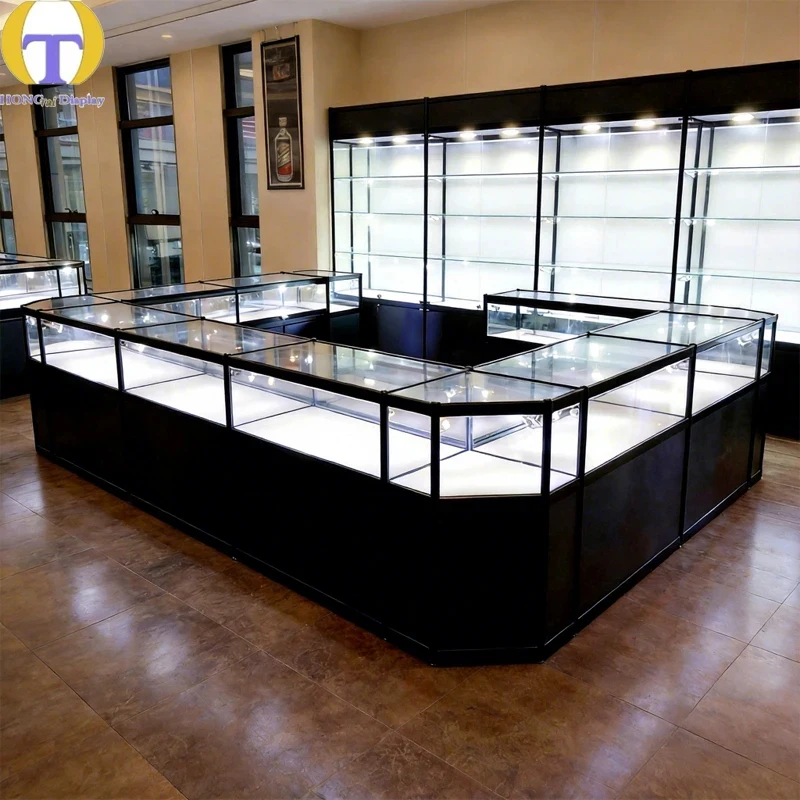 custom.Factory Price LED Lighting Tempered Glass Smoke Store Display Security Lock Mall Retail Store Showcase Heavy Duty Sh