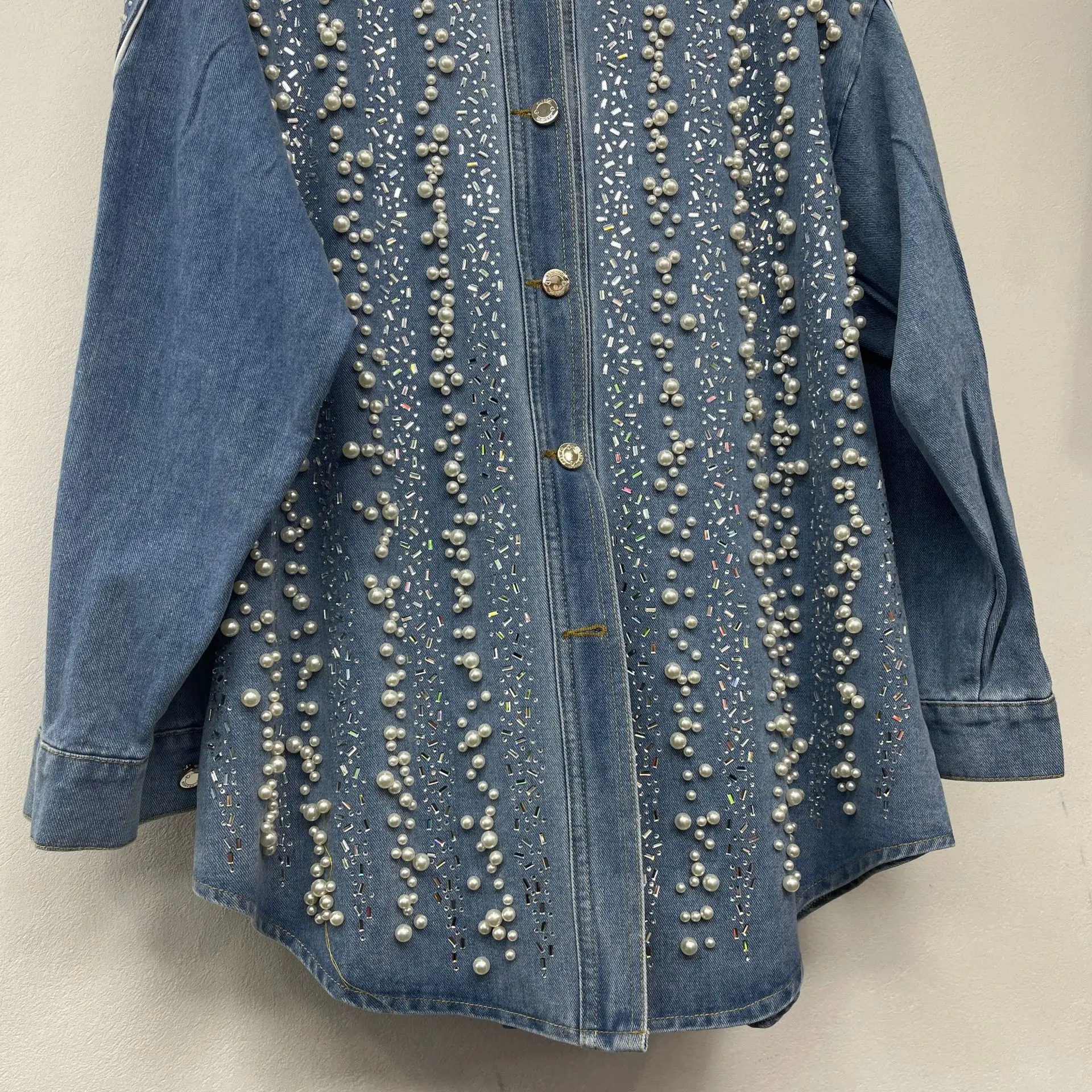 Oversize Blue Denim Jackets Blouse Shirt For Women Handmade Sewing beads pearls rivets Jacket Long sleeve casual Autumn Outwear