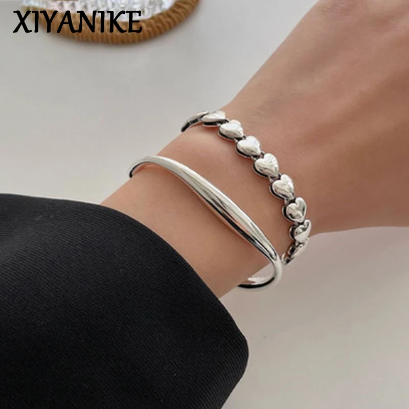 XIYANIKE Silver Color Geometry Double Side Love Heart Stitching Bracelet Femme Unique Design Luxury Jewelry Wholesale