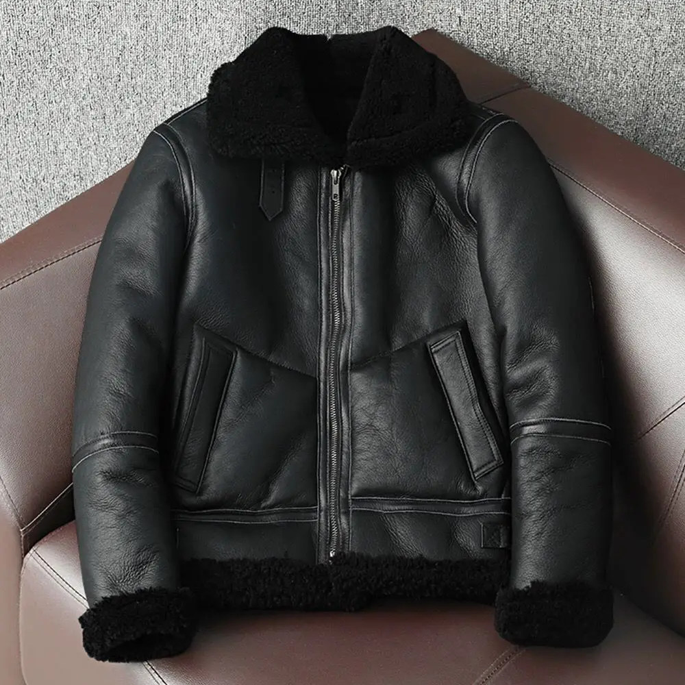 High Street Men\'s Winter Coat Genuine Real Sheepskin Lambskin Shearling Jacket for Male Warm Wool Liner Black Super Big Sized