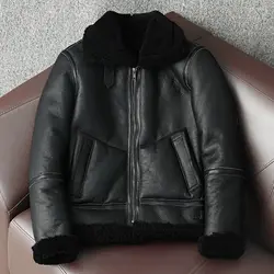 High Street Men's Winter Coat Genuine Real Sheepskin Lambskin Shearling Jacket for Male Warm Wool Liner Black Super Big Sized