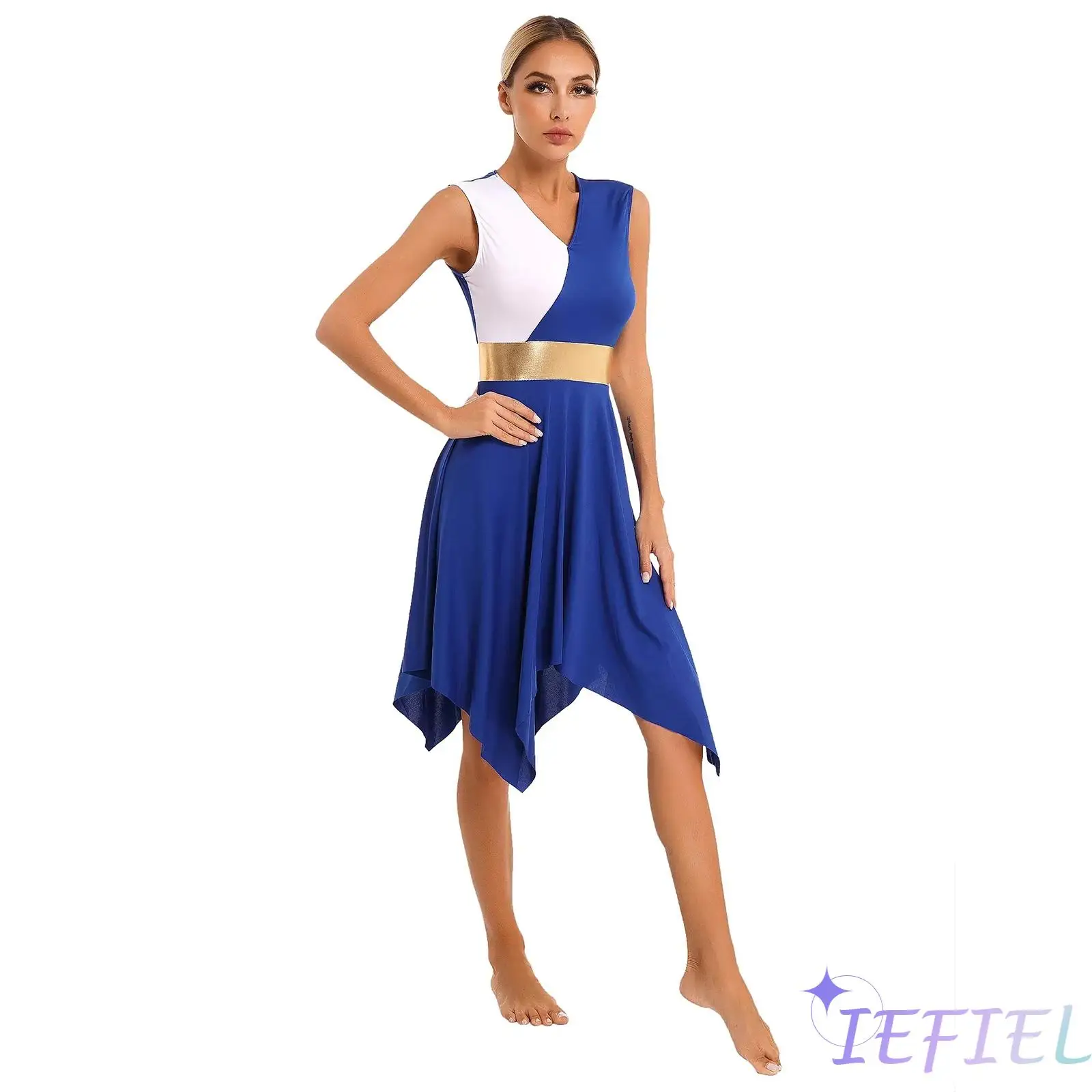 

Womens Modern Lyrical Dance Costume Sleeveless Color Block Asymmetrical Liturgical Praise Dance Dress Tunic Worship Dancewear