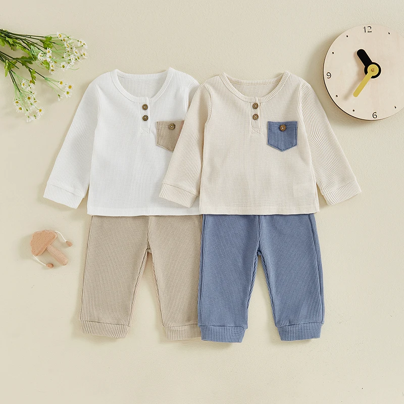 

Autumn Baby Clothing Sets for Newborn Boys Cotton Waffle Pocket Patchwork Long Sleeve T-shirts+Pocket Pants Leggings Tracksuits