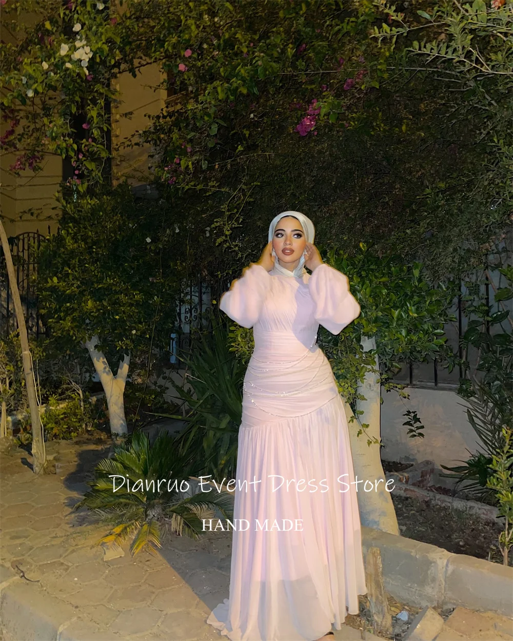 Dianruo فساتين سهرة شيفون متواضعة مكشكشة سباركلي فساتين حفلات إسلامية على شكل حرف A أنيقة وردي فاتح فستان زفاف سعودي مخصص