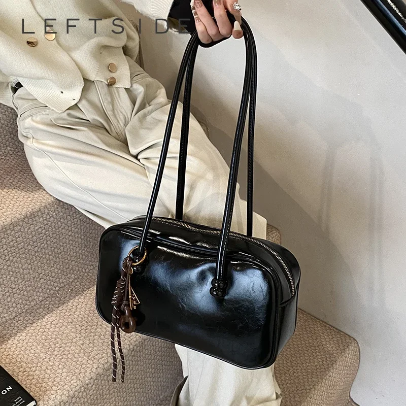 LEFTSIDE Small PU Leather Tote Bags for Women 2024 Winter Y2K New Trend Retro Female Fashion Shoulder Bag Handbags with Purses