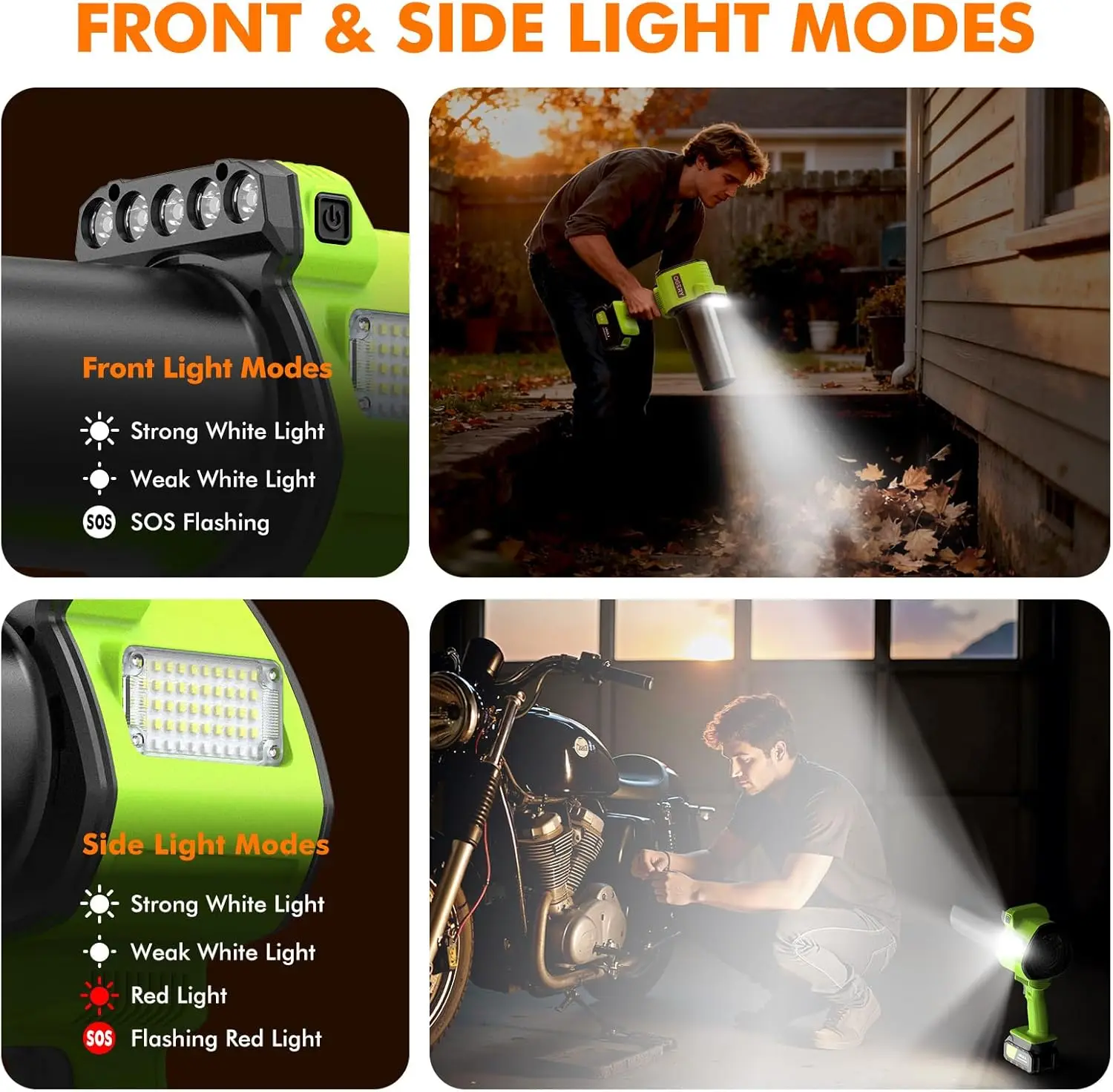 منفاخ أوراق شجر لاسلكي مع أضواء، بطاريتين وشحن سريع، ضغط الرياح 700CFM 900G لحديقة الحديقة