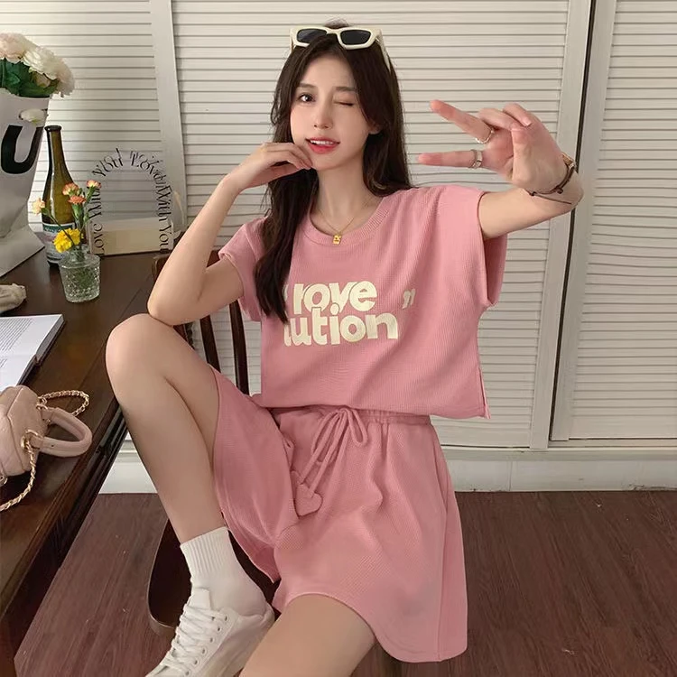 

Summer Trendy Pink Casual Sport Shorts Set Women's Small Size Salt System Two-Piece Set Cotton Material Online Exclusive