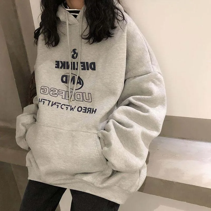 Korean Autumn Winter Letter Print Hooded Sweatshirt for Women Loose Casual Warm Street Pullover Sweatshirt Women Clothes Unisex