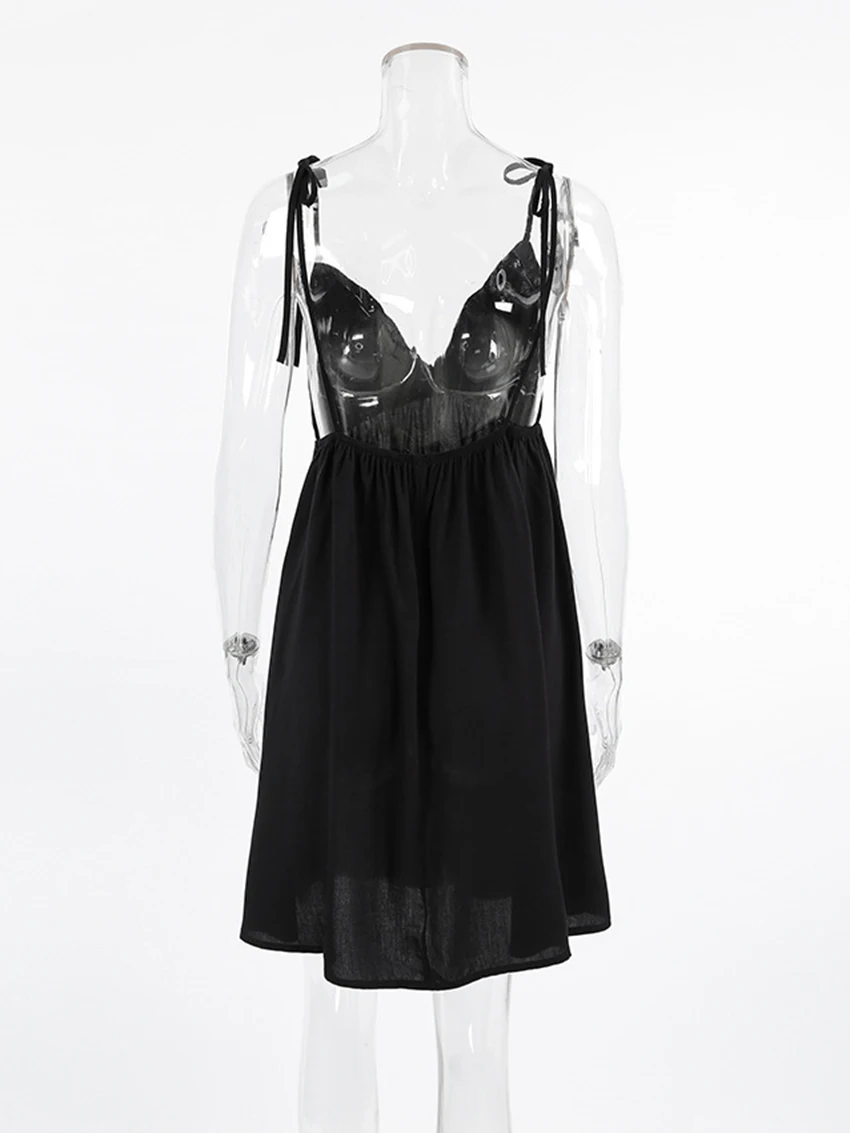 Marthaqiqi Casual Female Nightgown Sexy Backless Pajamas Spaghetti Strap Nightie Lace Up Nightwear Loose Mini Dress Home Clothes