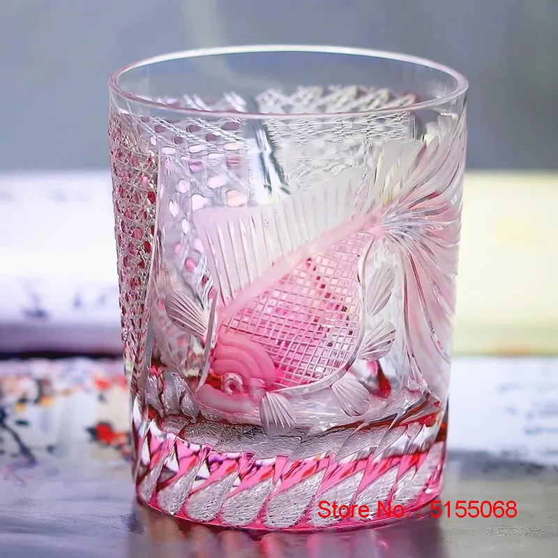 PINK Crystal Goldfish Edo Kiriko Wine Glass Exquisite Carving Wineglass Whiskey Cup Brandy Snifter Liquor Whisky Rock Dropship