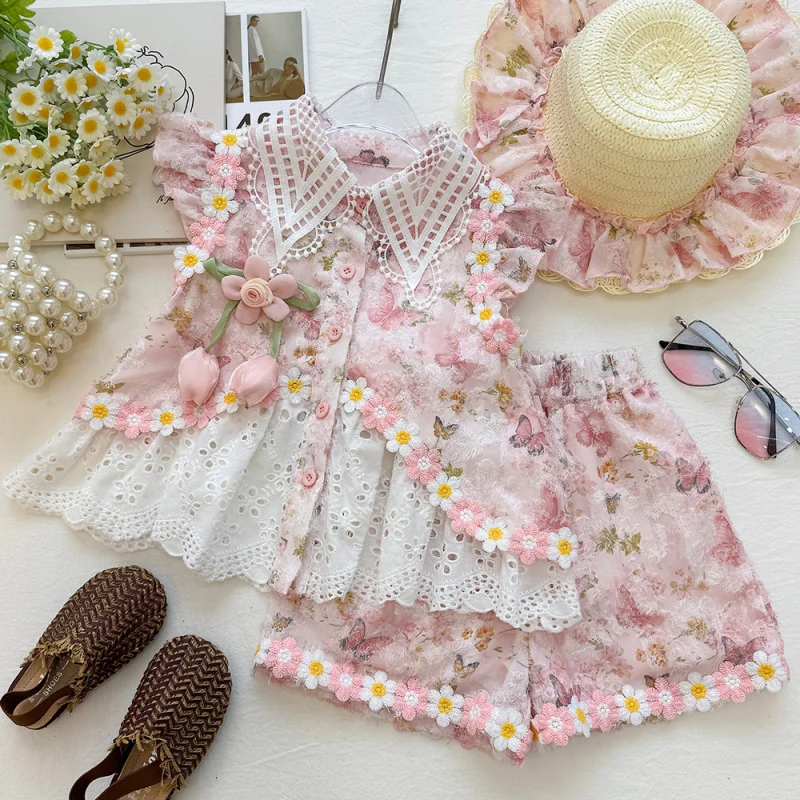New Floral Three-Dimensional Tulip Lace Trim Doll Shirt and Shorts  Set for Girls
