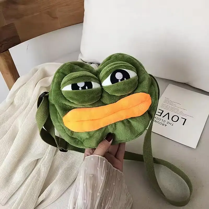 Sad Frog pepe Backpack Funny Cute Shoulder Bag Plush Contrast Color Big Eyes Frog Mouth Large Capacity Creative Satchel Gift