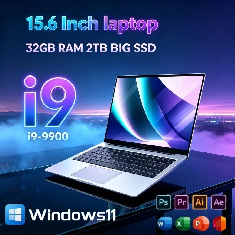 15.6 Inch High‑Performance Gaming Office Laptop Windows 11 Intel I9‑9900 32GB RAM 2TB SSD Fingerprint Security Portable Notebook
