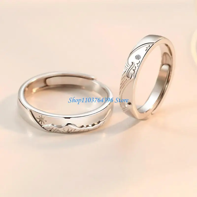 2 Pieces Adjustable Matching Rings She and Him Set Rings Mountain Sea Promise Ring Valentine's Day Gift