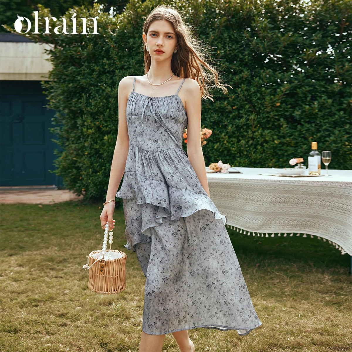 

OLrain Sleeveless Midi Dresses Women 2025 French Rregular Lace-Up Print Elegant High Waist Dress Summer Woman ClothingO24CL89936