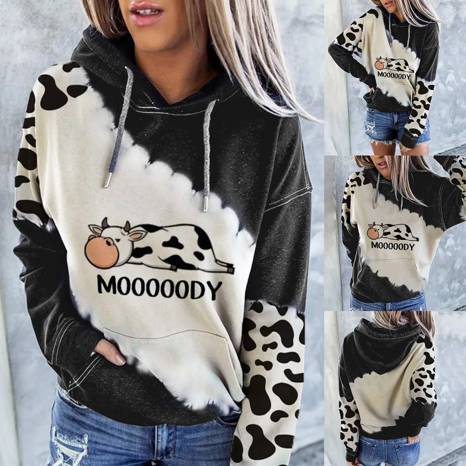 

Cow Print Hoodie Long Sleeve Sweatshirt No Fading and Non-sticky Pattern Top Suitable for Going Shopping Wea