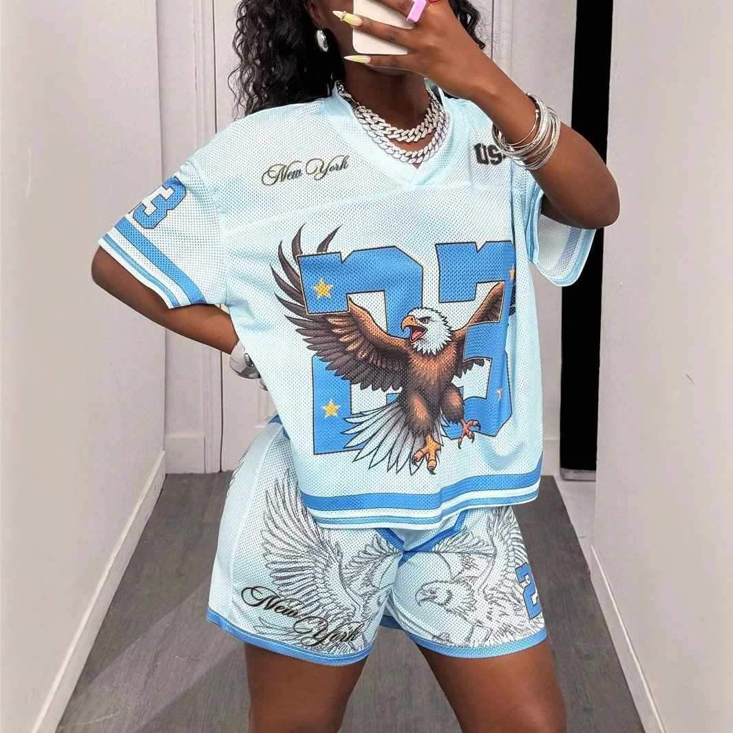 Streetwear Jersey Y2K T Shirts And Shorts 2 Piece Sets Woman Outfit Hip Hop Graphics Baseball Gothic Short Sleeve Two Piece Set