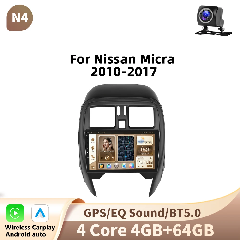 Podofo 9 inch Android autoradio voor Nissan Micca 2010-2017 met multimediaspeler, GPS-navigatie, 2din en Bluetooth