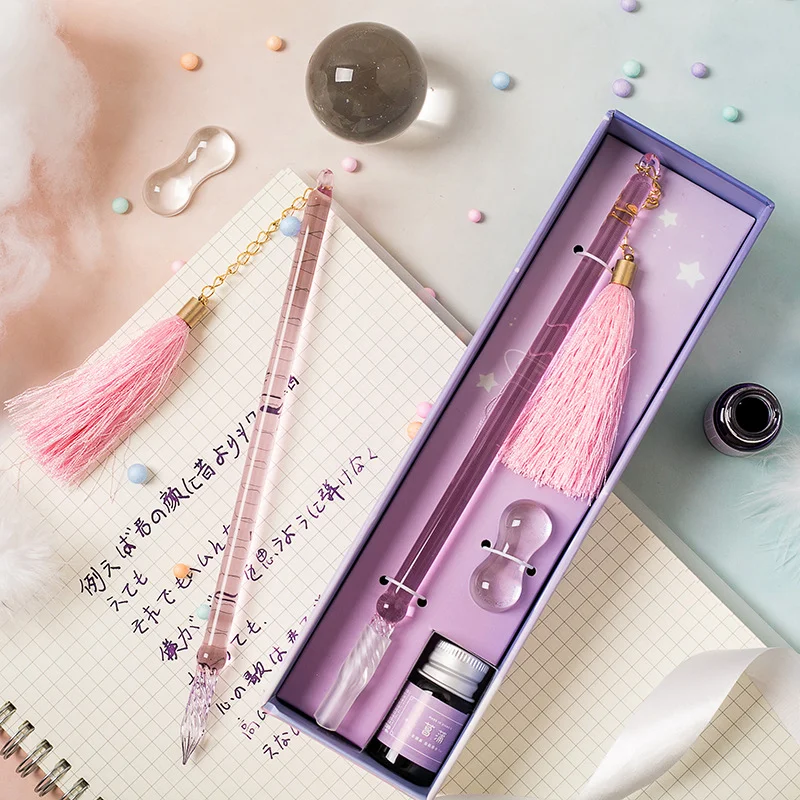 Handcrafted Glass Pen Gift Box with Gold Powder Ink Sign Pen Set Student Fountain Pen Raffia Pen for Writing