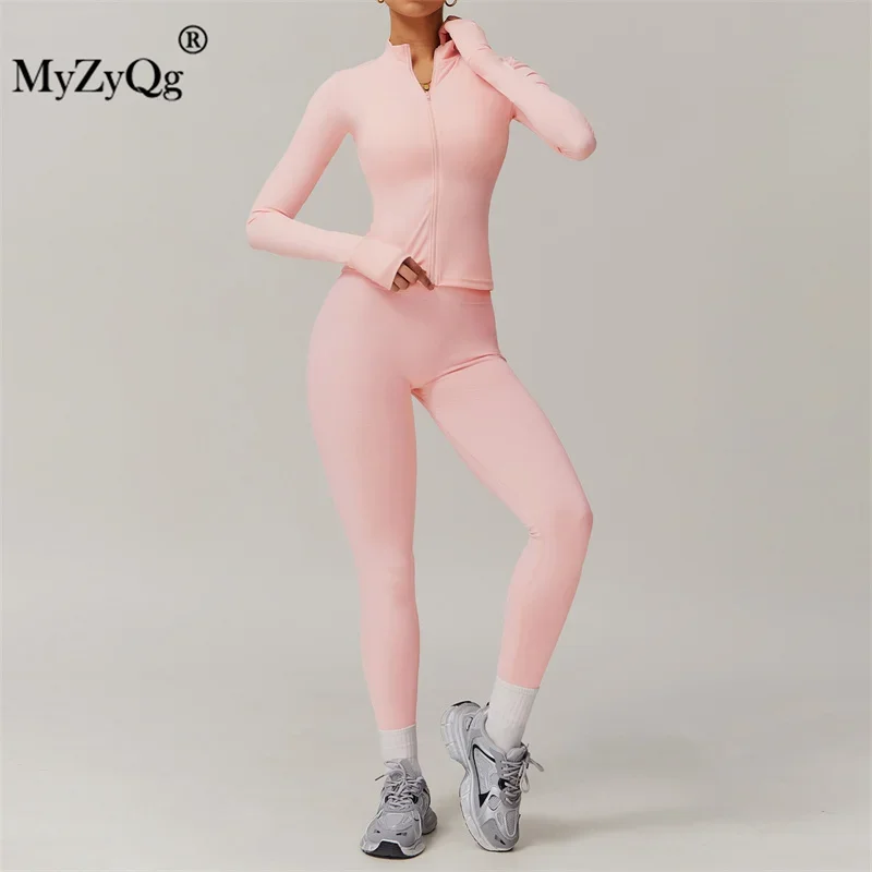 MyZyQg Women Long Sleeve Jackt Pant Set Sports Outerwear  Outdoor Running Fitness Sports Workout Coat Leggings Suit