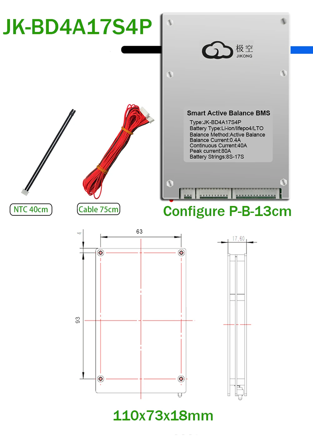 JK BMS 16S 48V Lifepo4 Battery Ebike Smart 0.4A Active Balance 18650 4S 12V 6S 18V 8S 24V 12S 36V 17S 20S 24S 72V 40A Li-ion LTO