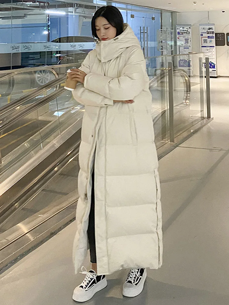 Women Long Down Jacket Thicken Warm Duck Down Hoodie Overcoat Plus Size Snowwear Ankle Length Waterproof Winter Coat Hooded Maxi