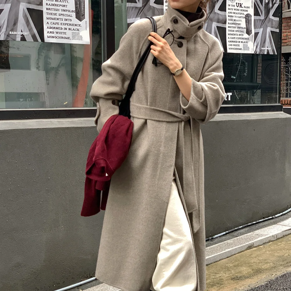 

Ele Long Woolen Coat for Women Chic Retro Sle Stand Collar Belted Single Button High-End Feeling Commute Sle