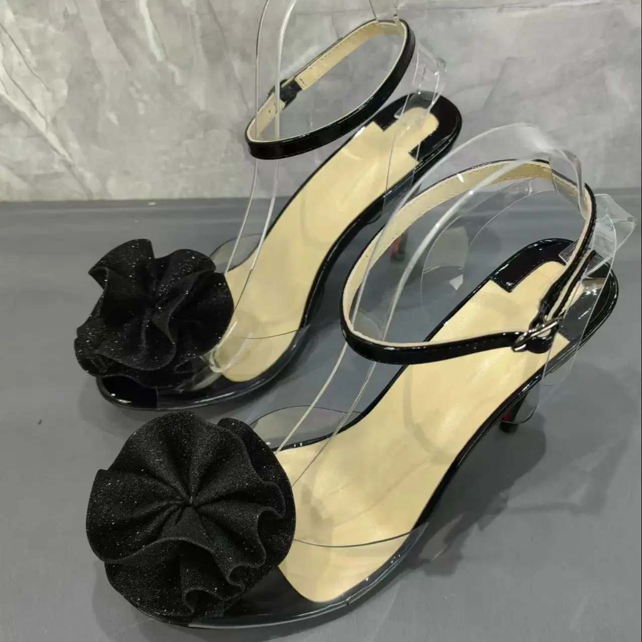 Givencci Big Flower Black Sandalias De Mujer Verano Buckle Strap Round Peep Toe Red Sole Women Sandals Stiletto High Heels 2025