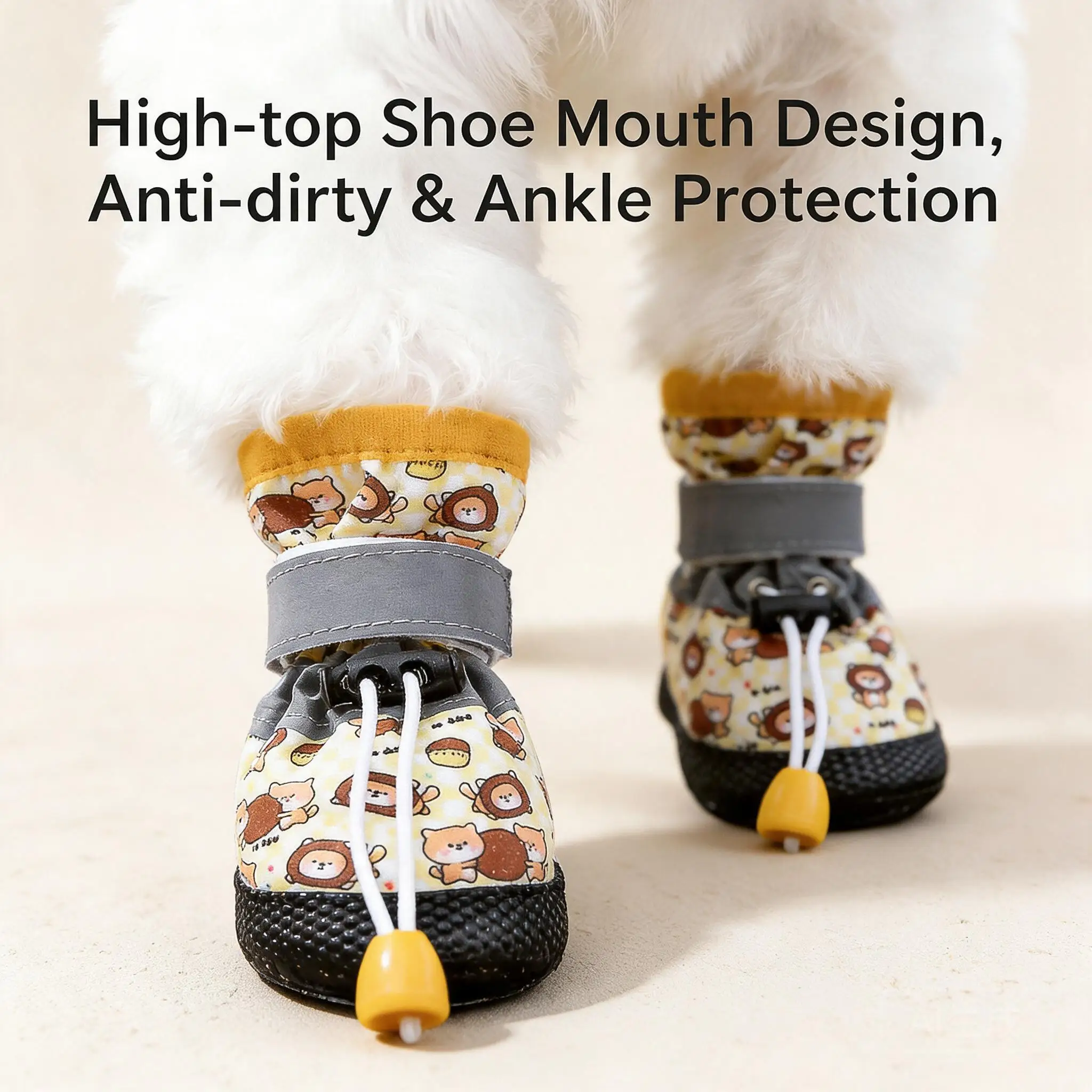 Cartoon All Over Print High Top Dog Shoes Soft Sole Outdoor Reflective Waterproof Anti Dirt Adjustable Drawstring Pet Paw Covers