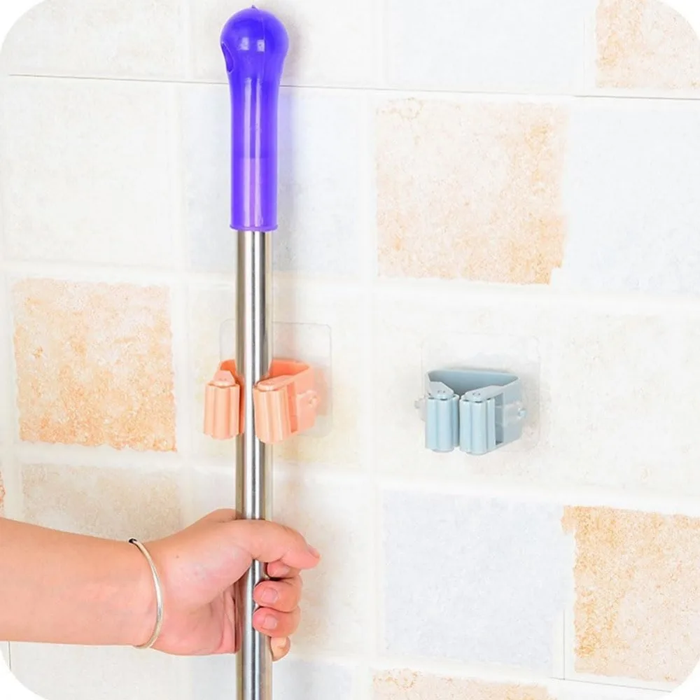 4Pcs Self Adhesive Mop Broom Holder, No Drill Wall Mount Tool Storage Clip, Heavy Duty Bathroom Cleaning Tool Organizer