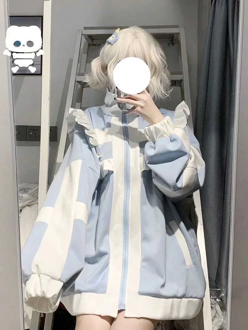 Japanese Y2K aesthetic Lolita style women's Harajuku style zip-up sweatshirt loose jacket autumn decadent casual ruffled patchwo