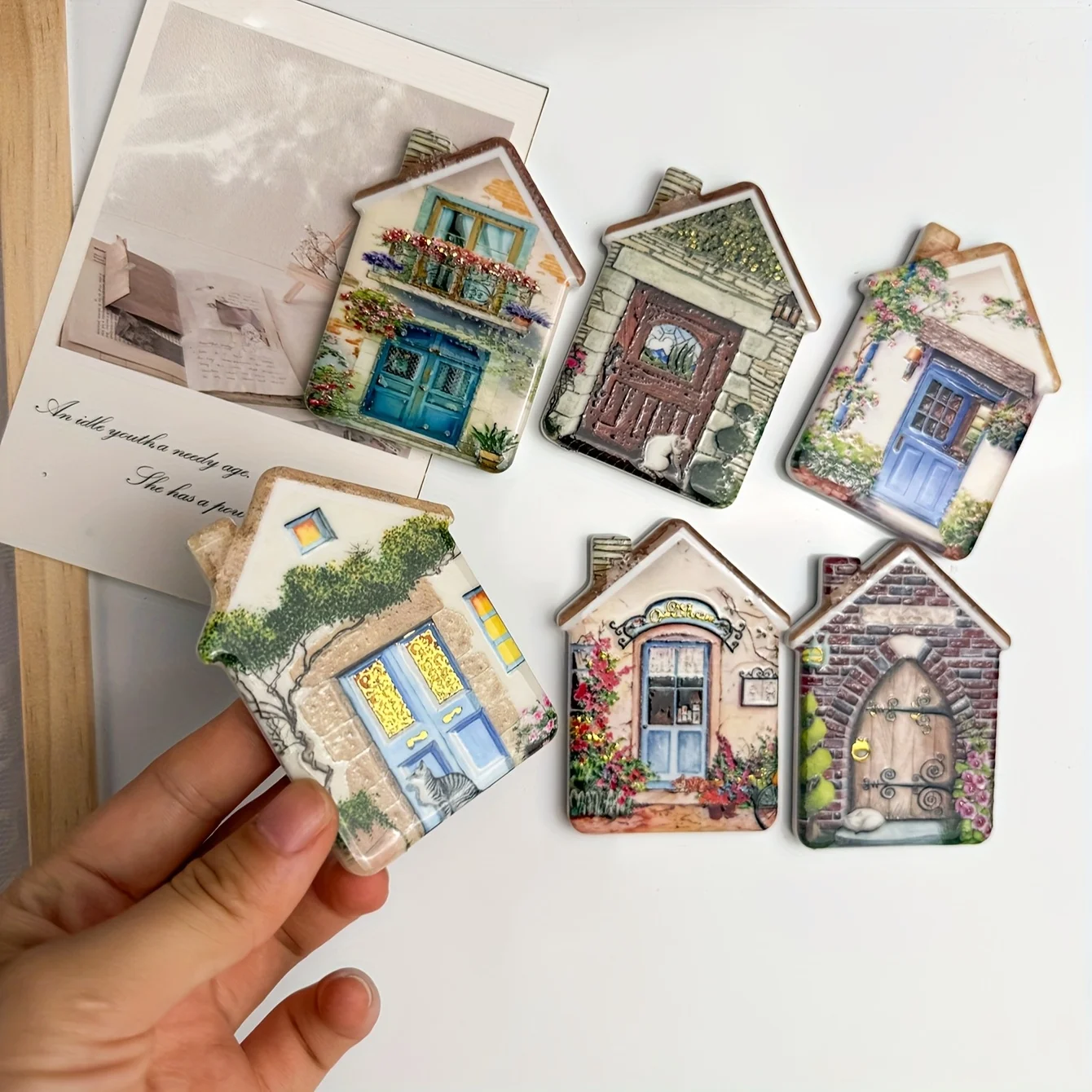 2D Flat 6pcs Pastoral House Theme Home Decorations Tile Set, Refrigerator Tiles, Holiday Decorations