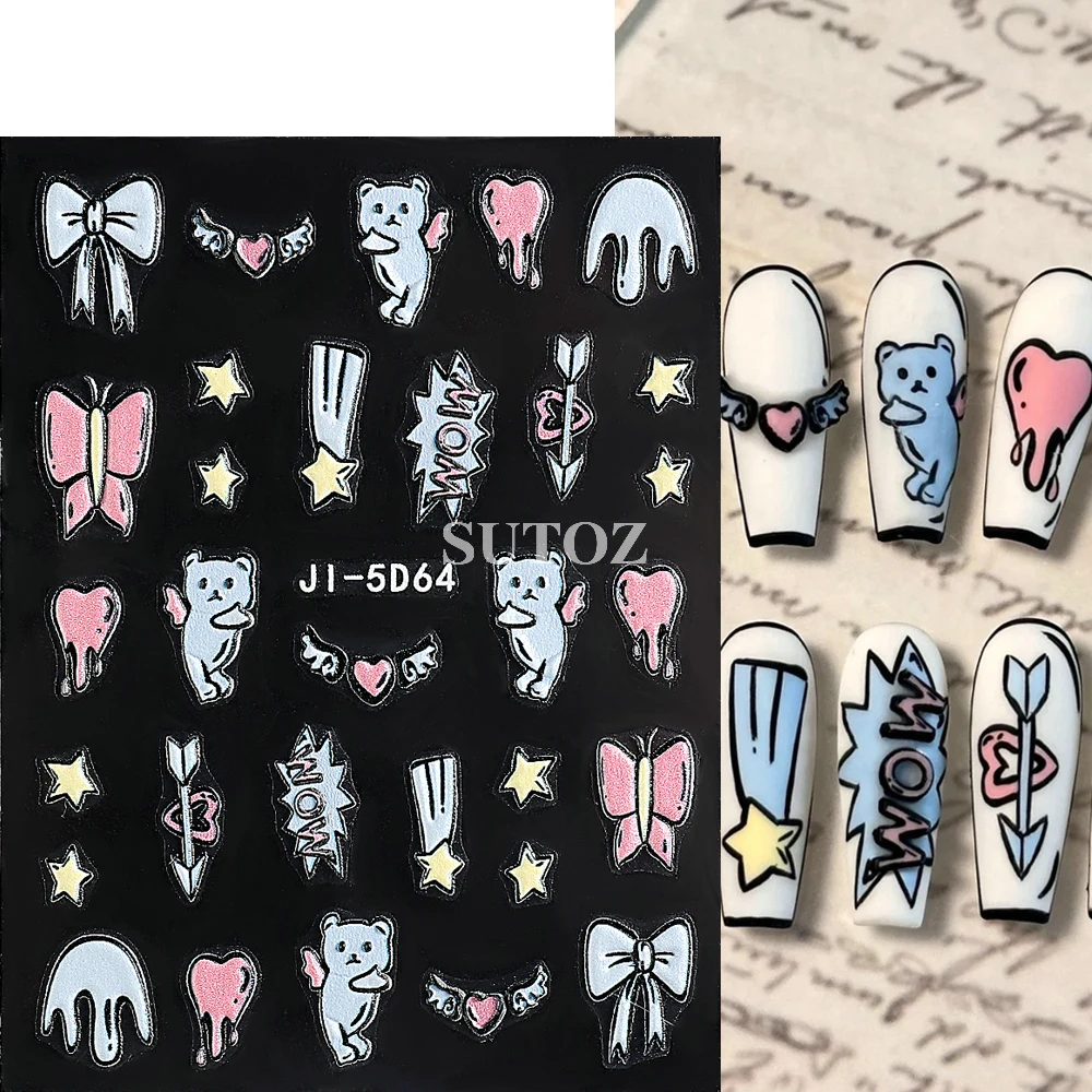 Pegatinas de dibujos animados en relieve 5D para decoración de uñas, calcomanías para manicura, estilo dopamina, flores, corazón, estrellas, letras, donuts, LEBJI-5D66