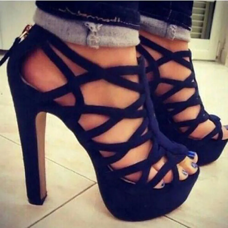 

Drop Shipping Summer Ladies Black Suede Gladiator Cuts Out Cross Strap Peep Toe Platform Zipper Back High Heel Sandals Shoes