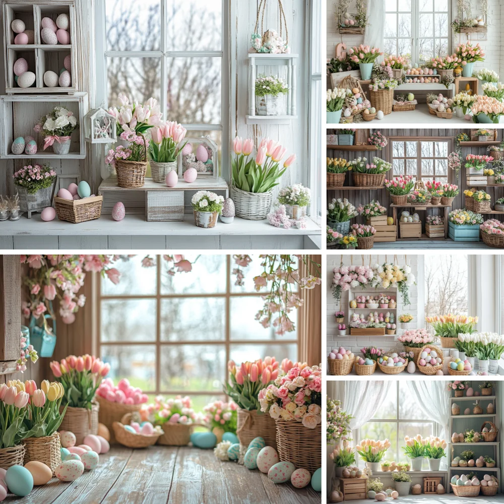 

Photography Background Spring Easter Brick Wall Window Floral Eggs Kids Birthday Wedding Portrait Decor Backdrop Photo Studio