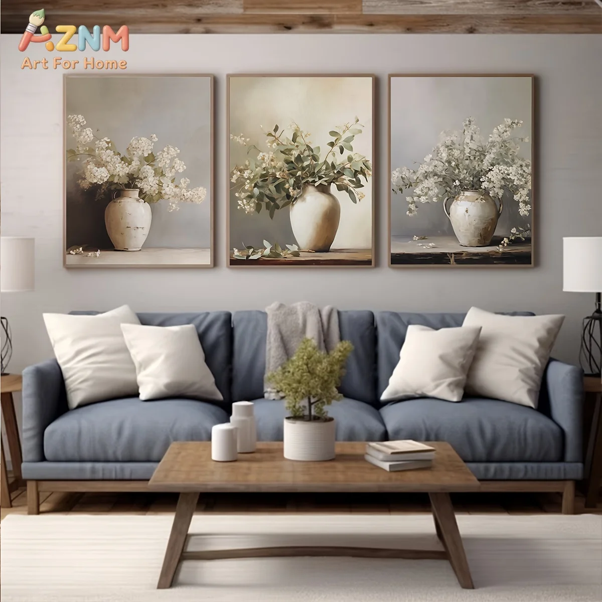 3PCS Neutral White Flower and Eucalyptus in Vase Canvas Wall Art Set Vintage Floral Still Life Prints Posters Minimalist Farmhou