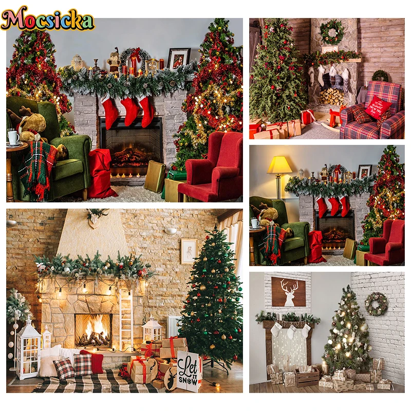 

Mocsicka Christmas Decoration Photography Background Xmas Tree Wreath Sofa Pillow Fireplace Gift Light Backdrop Photobooth Props