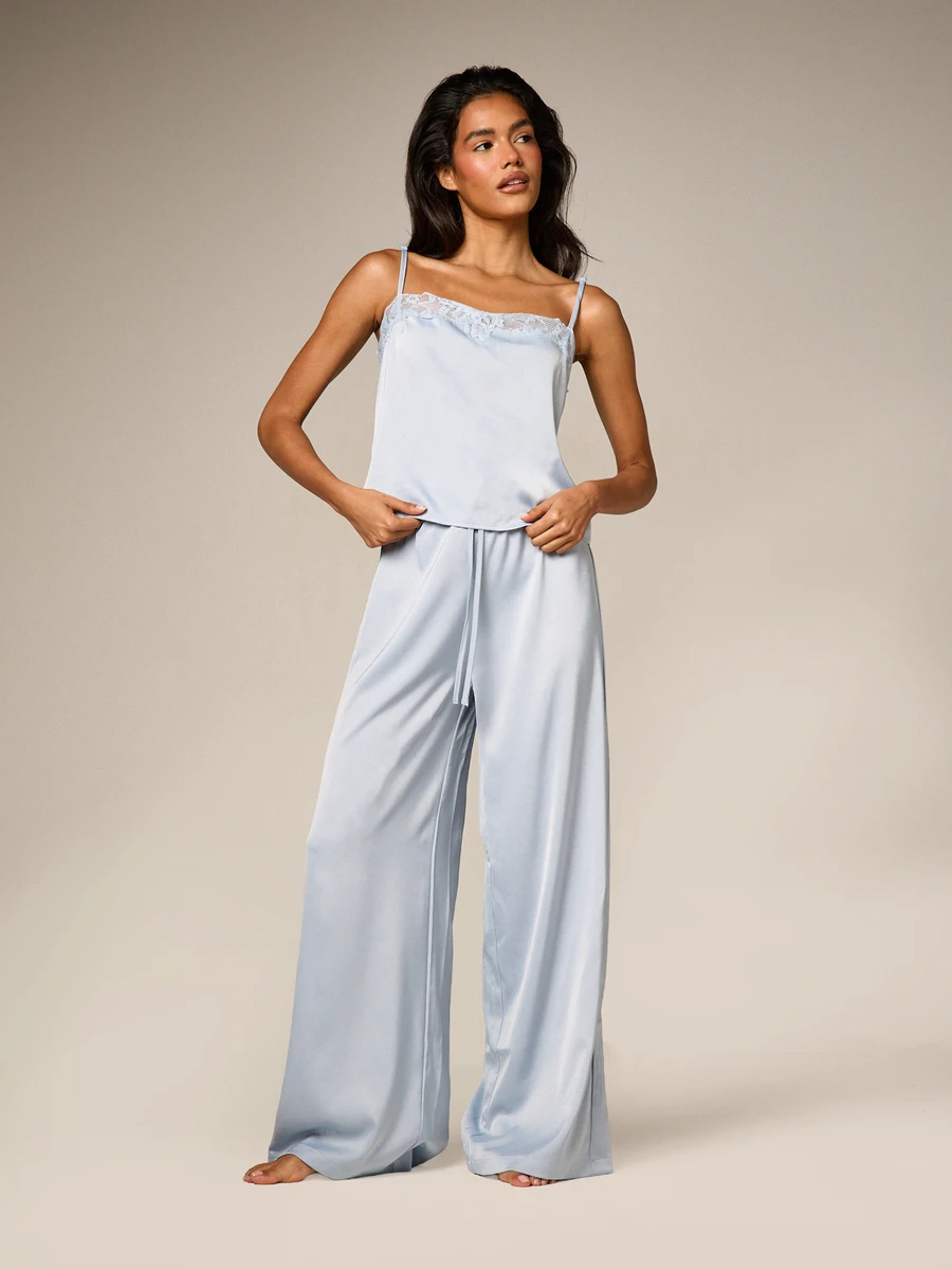 Lace Trim Satin Camisole And Wide Leg Trouser Pajama Set Sleepwear Loungewear Two Piece Nightwear