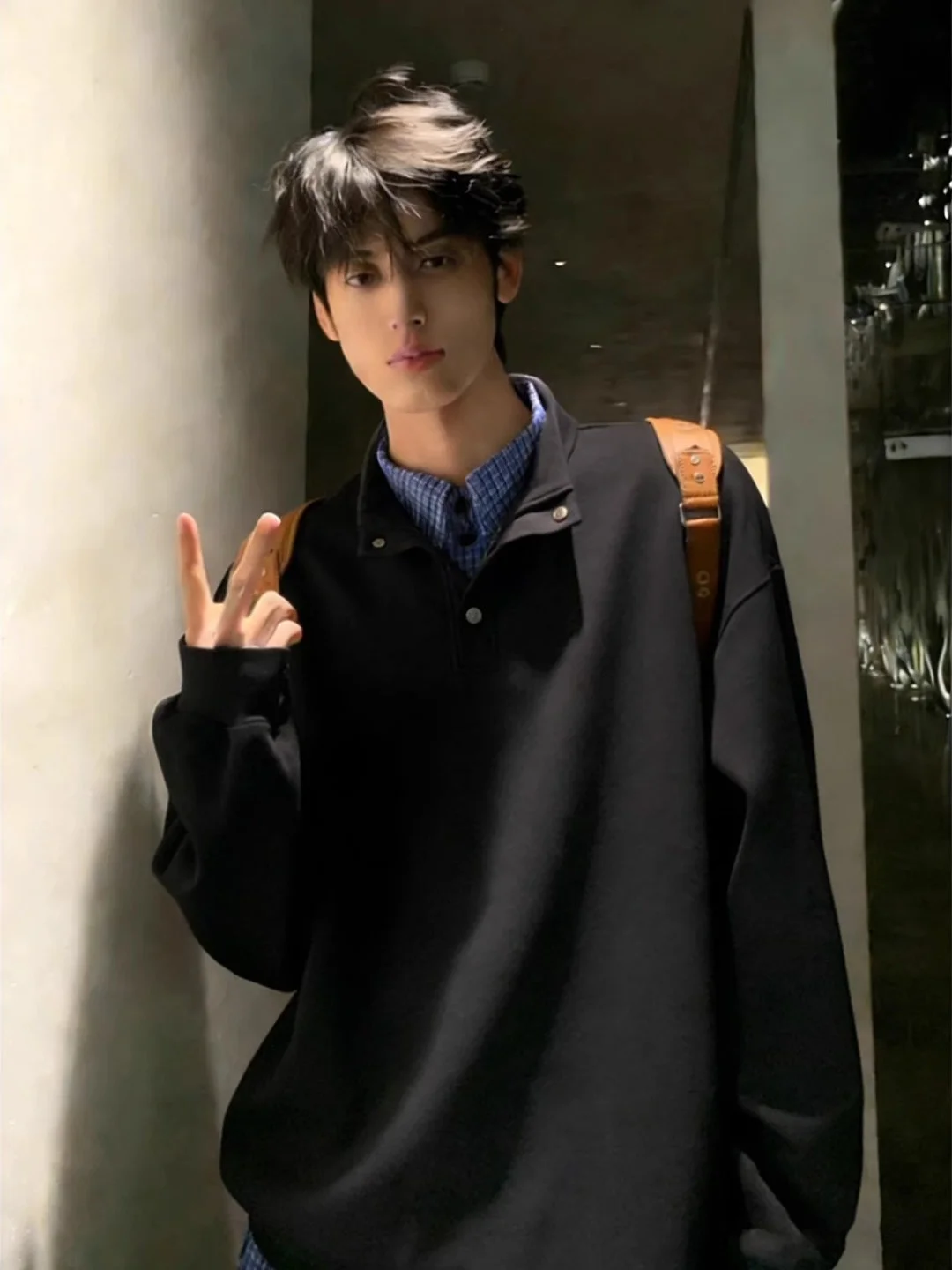 

Bla Long Sve irt Men's Spring Plaid Patchwork Inner Wear American Henry Collar Long Sve T-irt Youth Faion