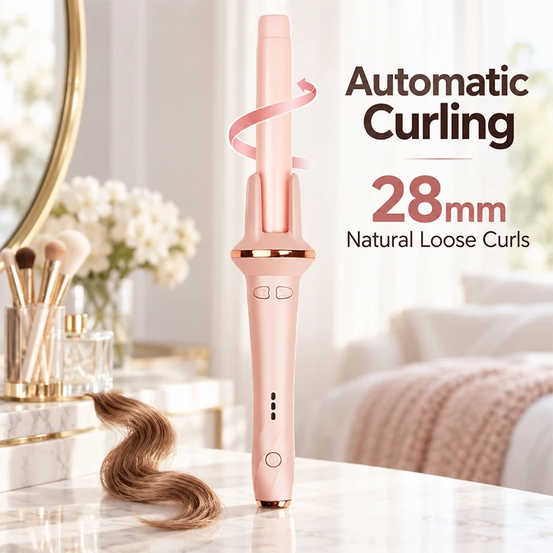 全自動28mmヘアアイロン。手軽にカールヘアを。マイナスイオンで、髪を傷めずに、大きめのカールやウェーブを作れます。