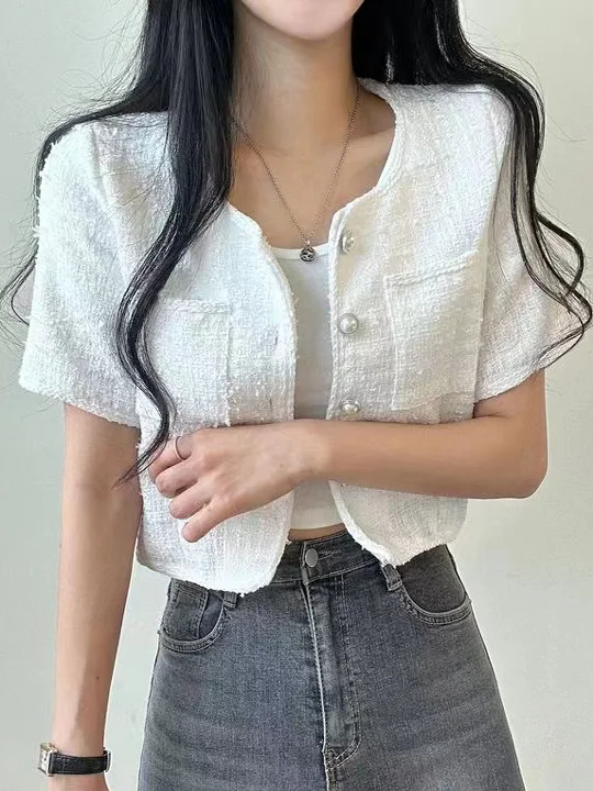 Verano 2025 Cárdigan Corto de Tejido ueso de Manga Corta Anti-UV para Mujer Estilo de Fragancia Pequeña de Colores Mixtos V...