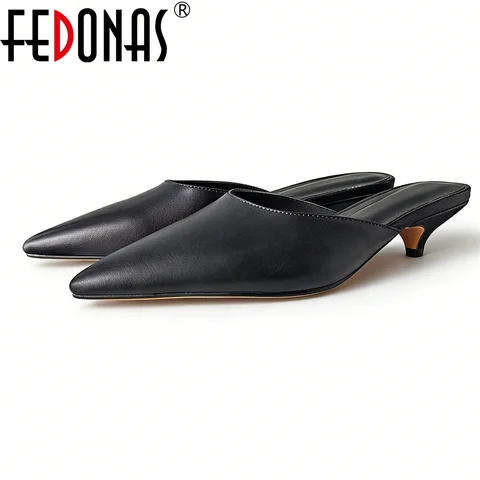 Сексуальные женские туфли FEDONAS из натуральной кожи на низком каблуке с острым носком, летние повседневные туфли-слингбэки, женские туфли для выпускного вечера