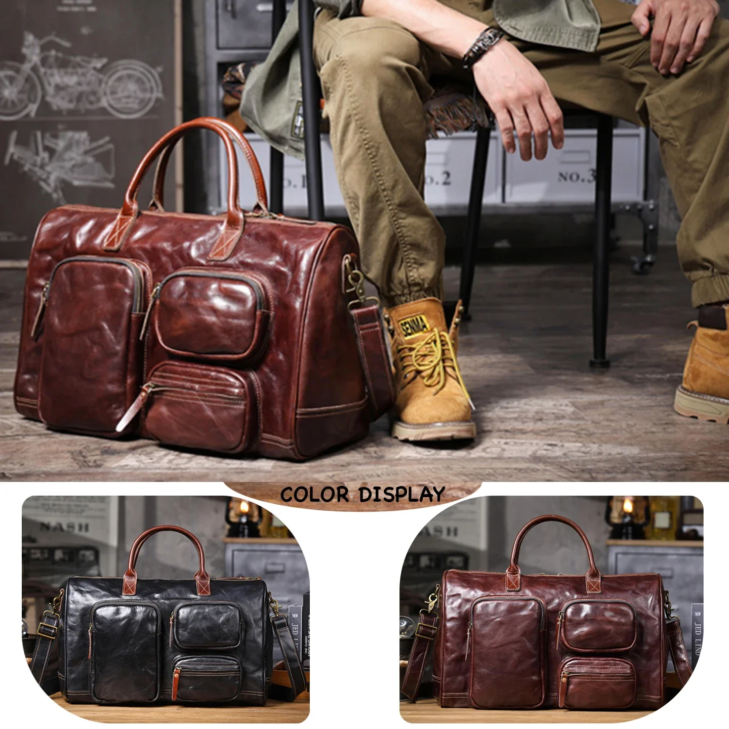 Vintage Luxury Top Grain Vegetable Tanned Leather Crossbody Shoulder Bag Laptop Bag Holds Clothes Business Travel Top Handle Bag