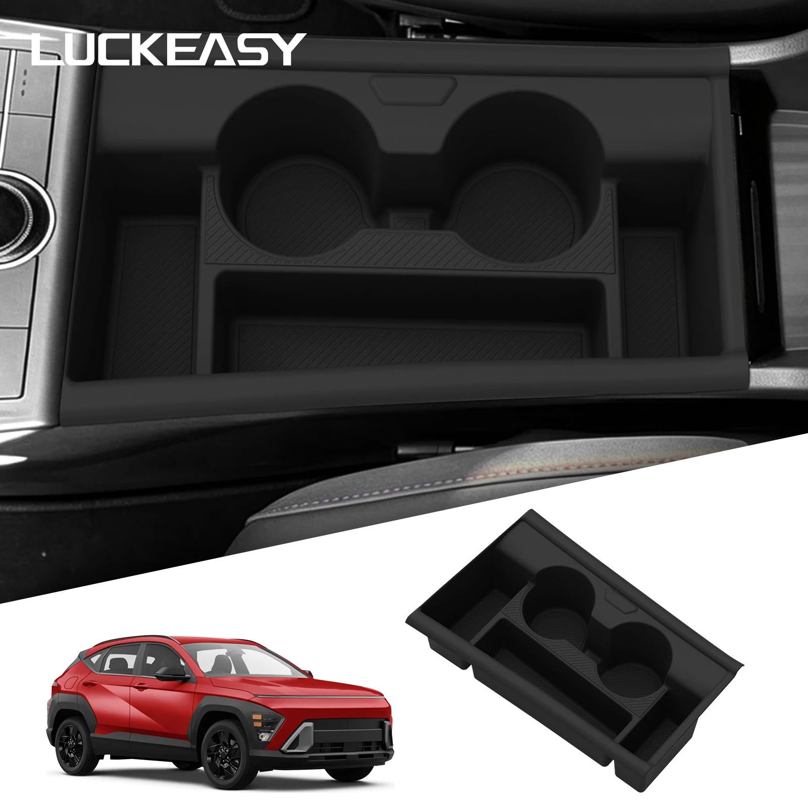 LUCKEASY für Hyundai Kona 2025 2026 Mittelkonsole Getränkehalter Innenzubehör Getränkehalter Aufbewahrungsbox Ablage