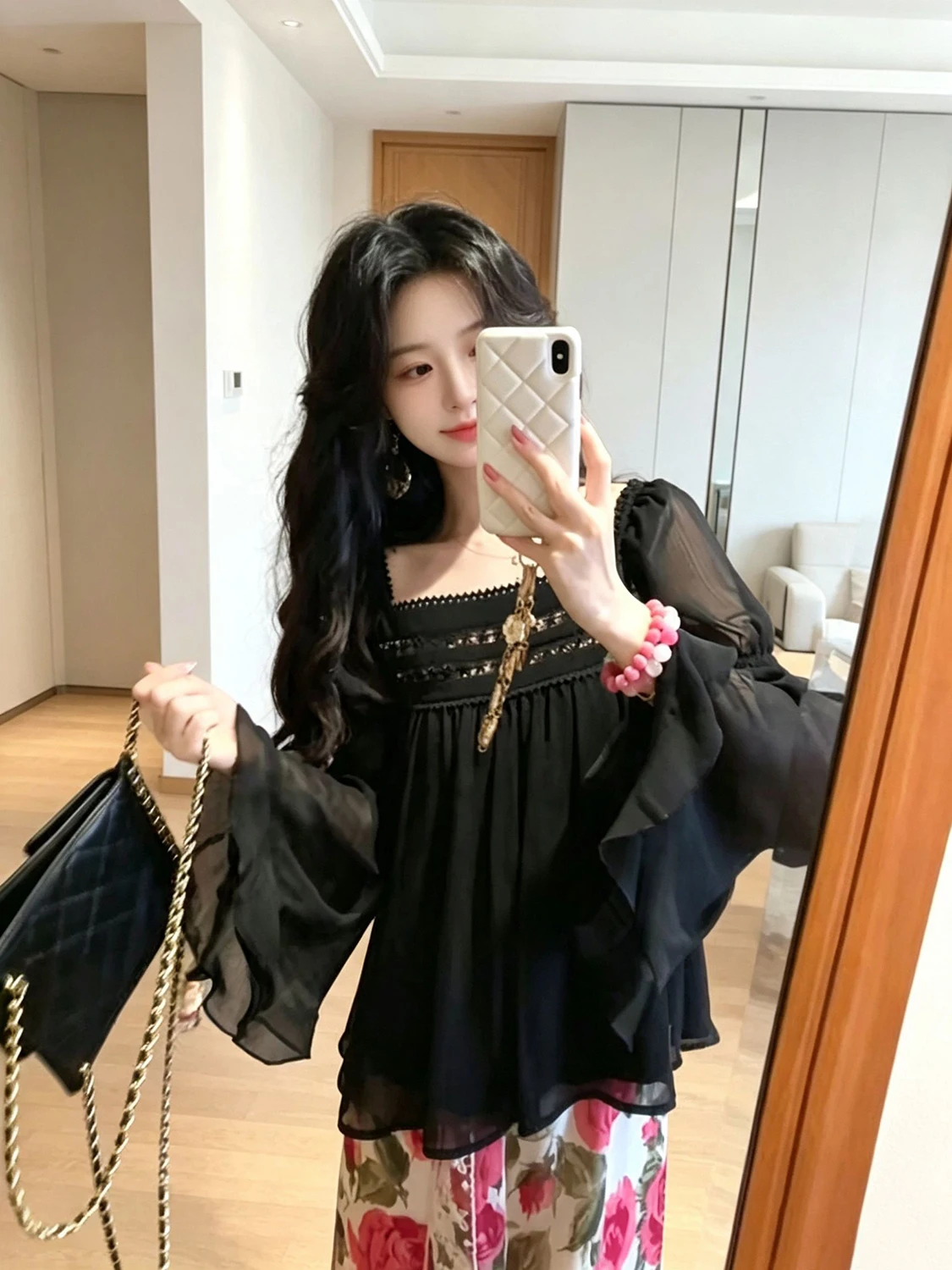 Elegant Pure Color Black Lace Square Collar Long Sleeve Bell Sleeve Women's Fashion Top Trendy Commute Style Korean Loose Fit