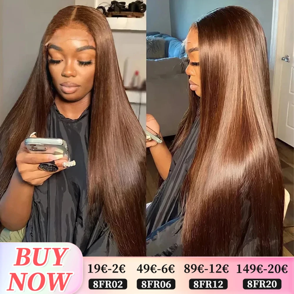 Miniask 32 34 Inch 13X4 Brown Lace Front Human Hair Wig Pre Plucked Chocolate Color Bone Straight Human Hair Lace Frontal Wig