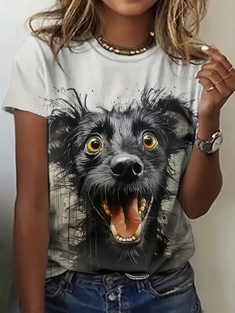 3D Cartoon Dog Printed T Shirt Women 2000s Y2k Tops Girls Cute Animal Print Casual Short Sleeve O-Neck T-shirt Female Funny Tees