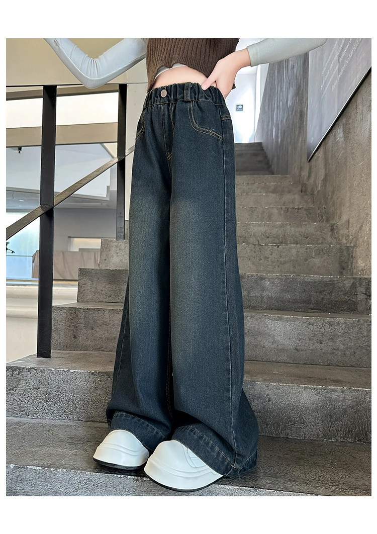 Modische High-Waist-Jeans mit weitem Bein für Teenager-Mädchen, Streetwear, lockere Denim-Hose, gewaschene dunkelblaue Jeans, Hose, Größe 5-14. – Detail 4